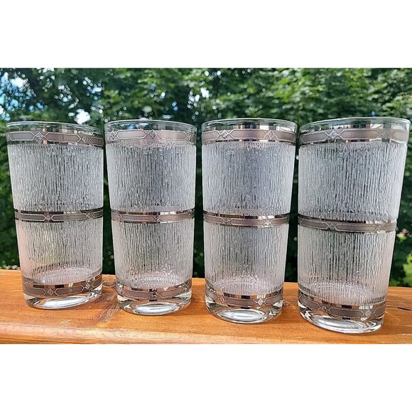 MCM 4 Culver Icicle Silver Rimmed Textured Hi-Ball Tumbler Glasses 1950's Retro - Picture 1 of 14